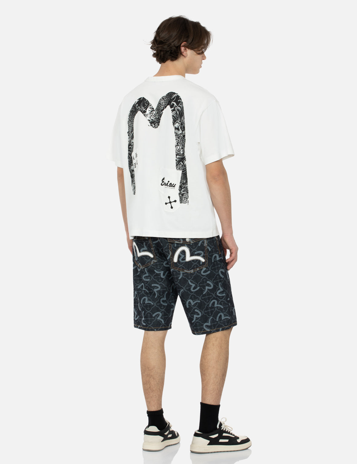 Allover Seagull and Kamon Jacquard Regular Fit Denim Shorts