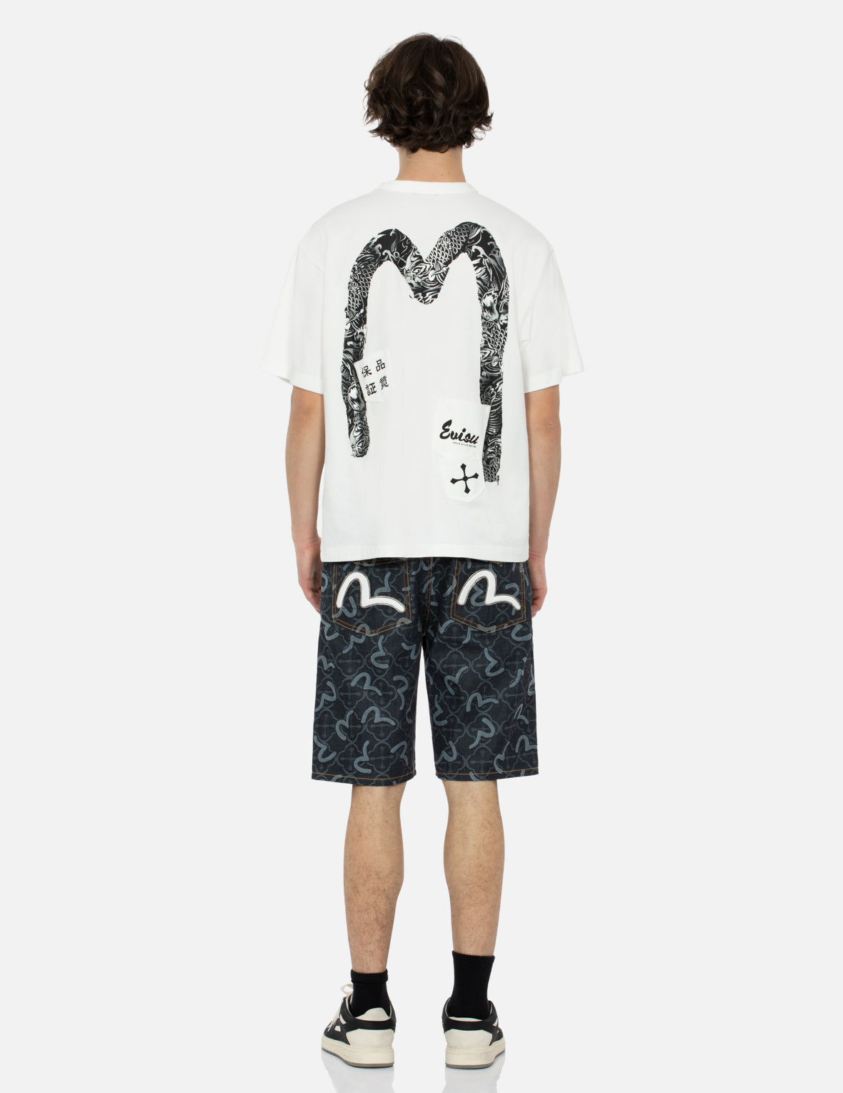 Allover Seagull and Kamon Jacquard Regular Fit Denim Shorts