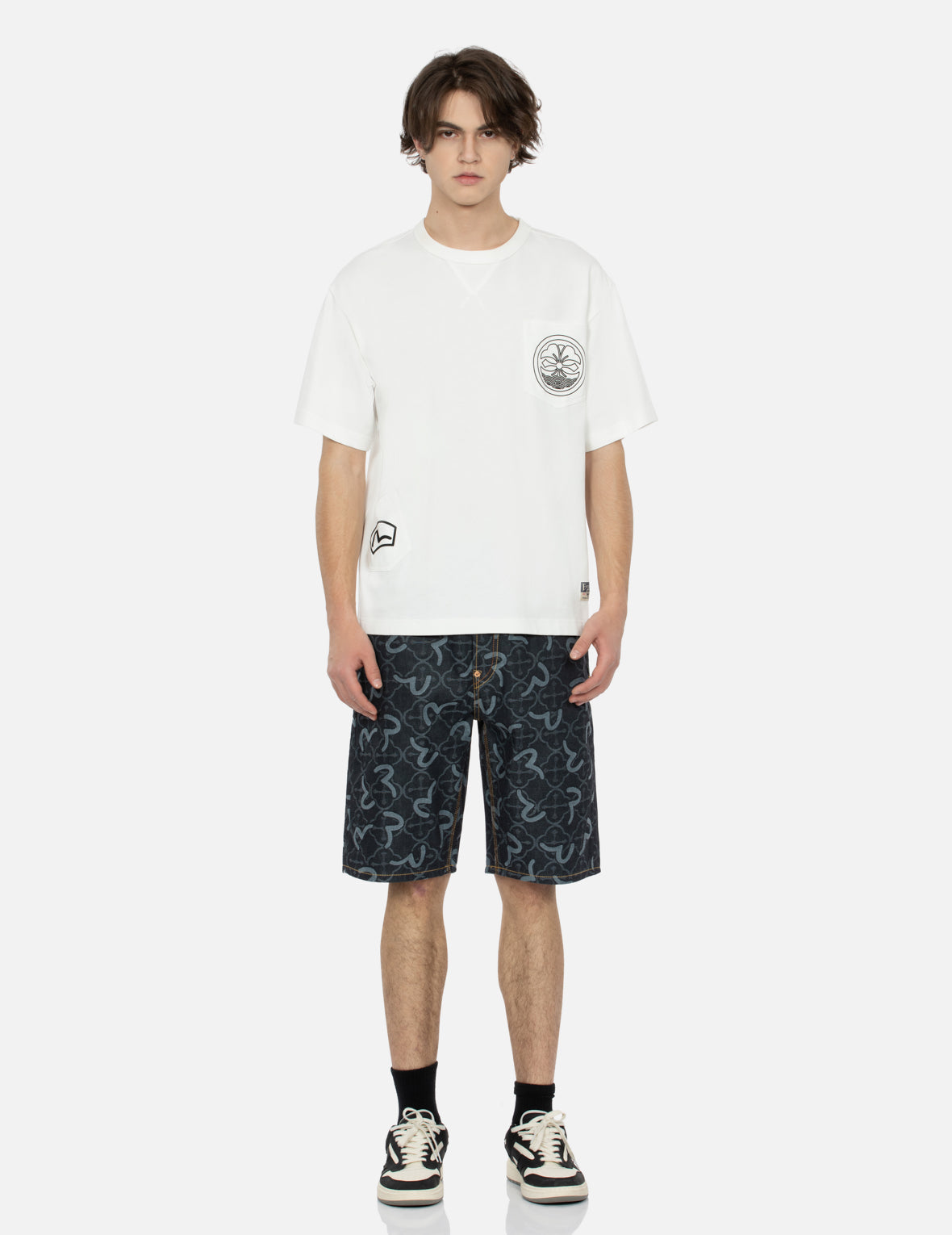 Allover Seagull and Kamon Jacquard Regular Fit Denim Shorts