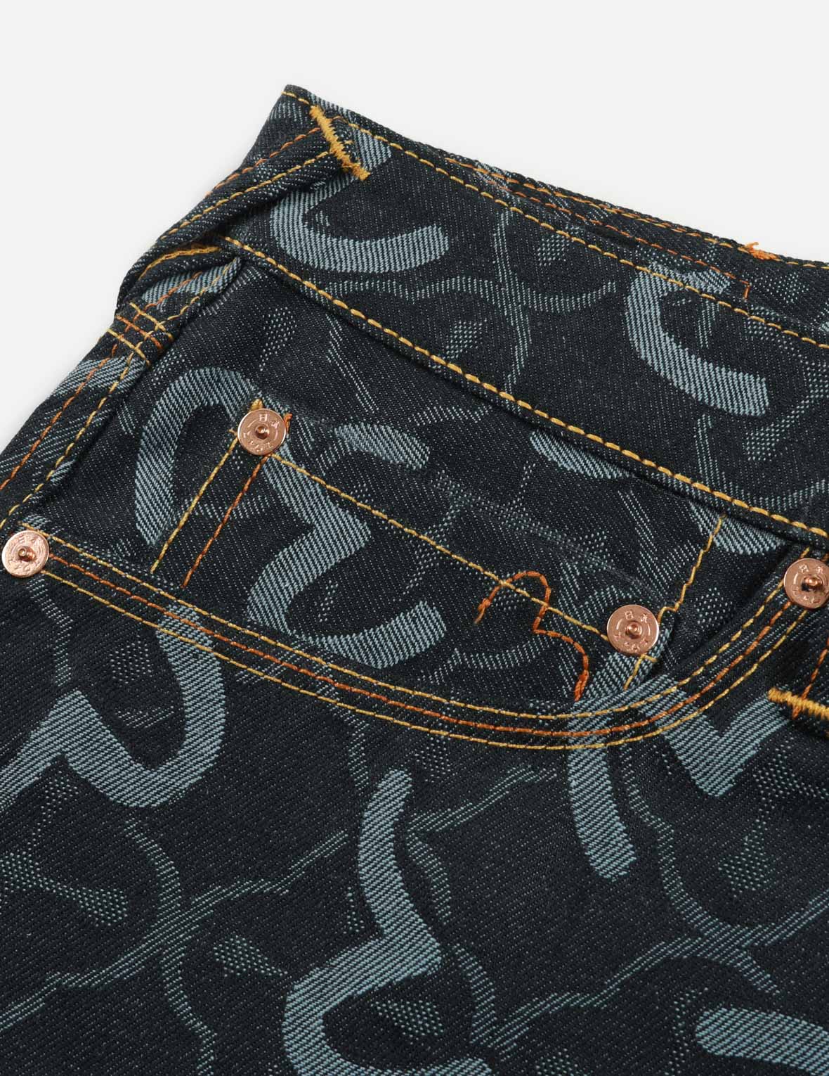 Allover Seagull and Kamon Jacquard Regular Fit Denim Shorts