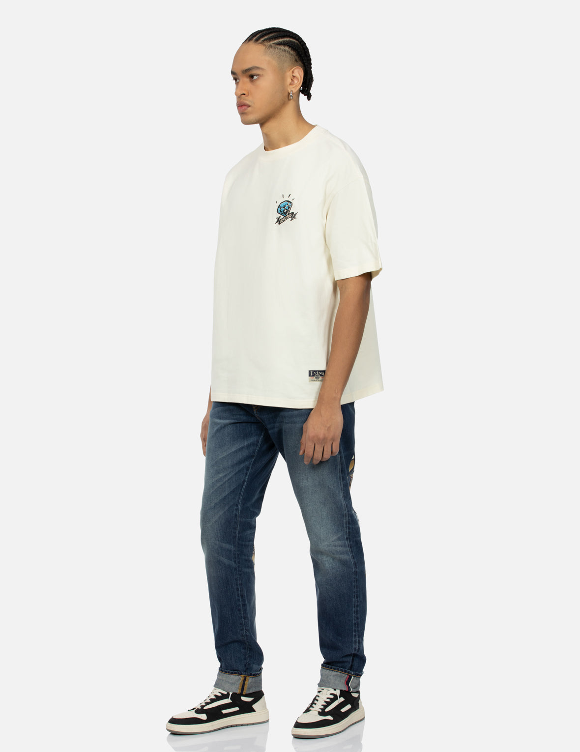 花札达摩大M及刺绣窄脚牛仔裤 #2017