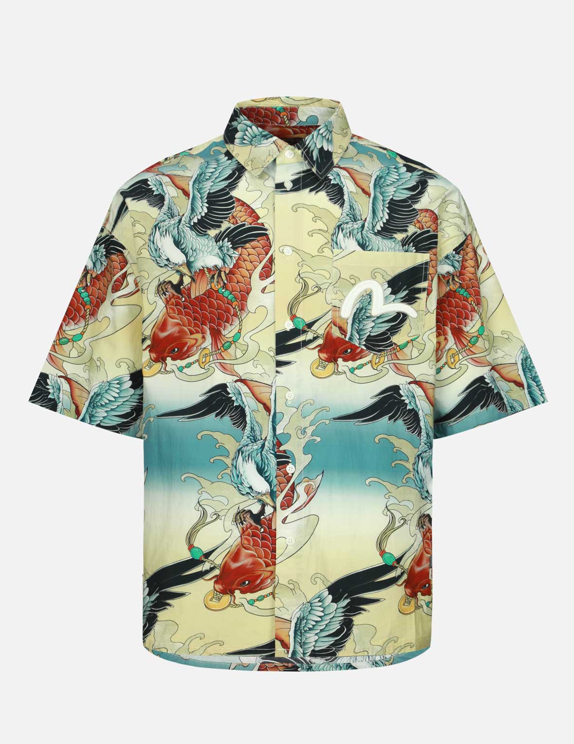 Colorful Seagull and Carp Print Loose Fit Short Sleeve Shirt Colorful Seagull and Carp Print Loose Fit Short Sleeve Shirt