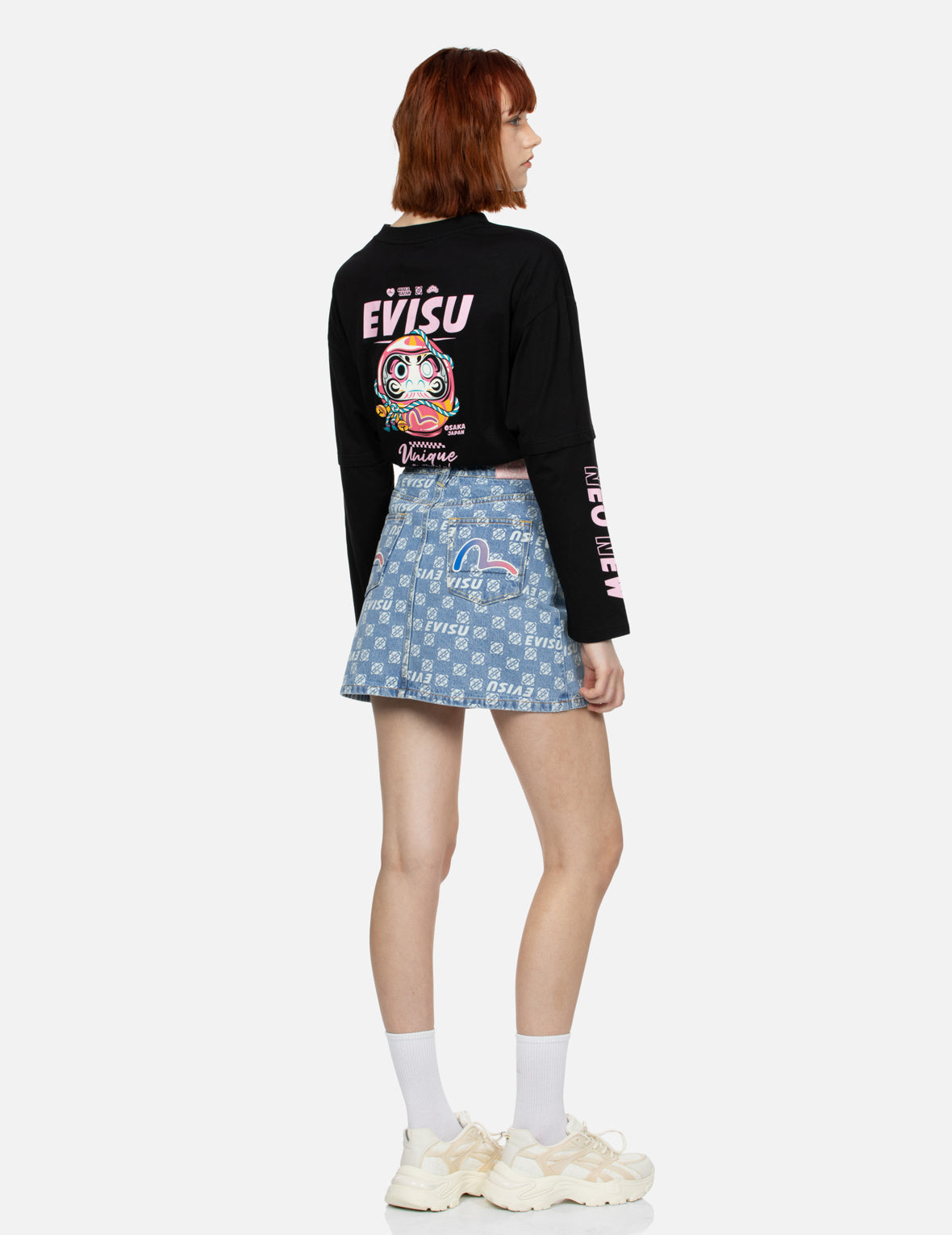 Allover Logo and Kamon print Relax Fit Denim Skirt