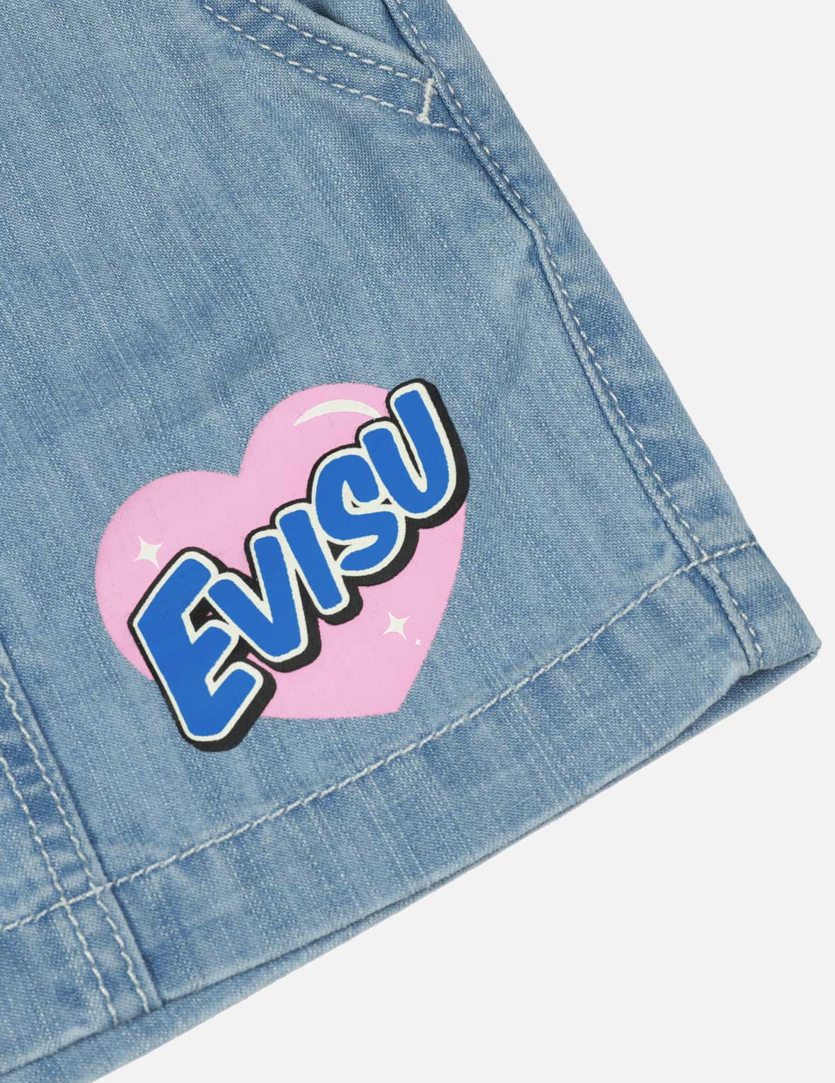 Heart-Shaped Logo and Seagull Print Regular Fit Denim Shorts
