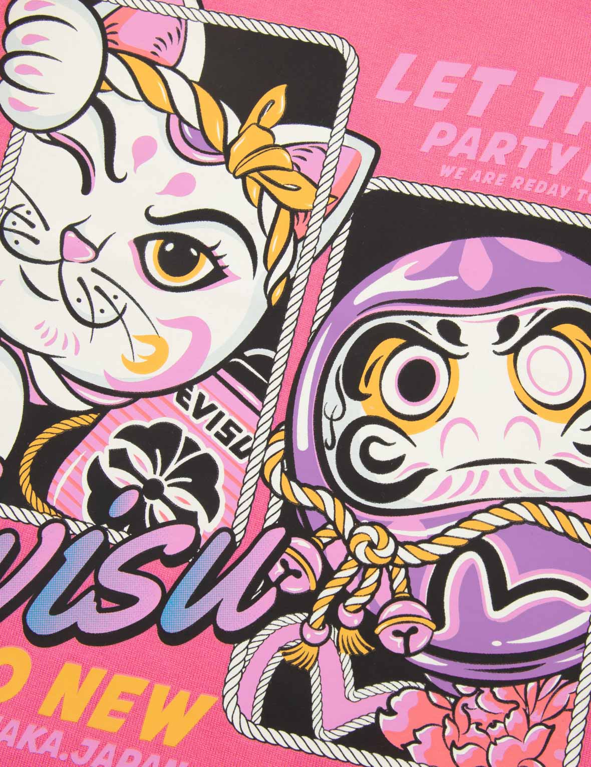 Fortune Cat and Daruma Print Regular Fit Long-Sleeve T-shirt