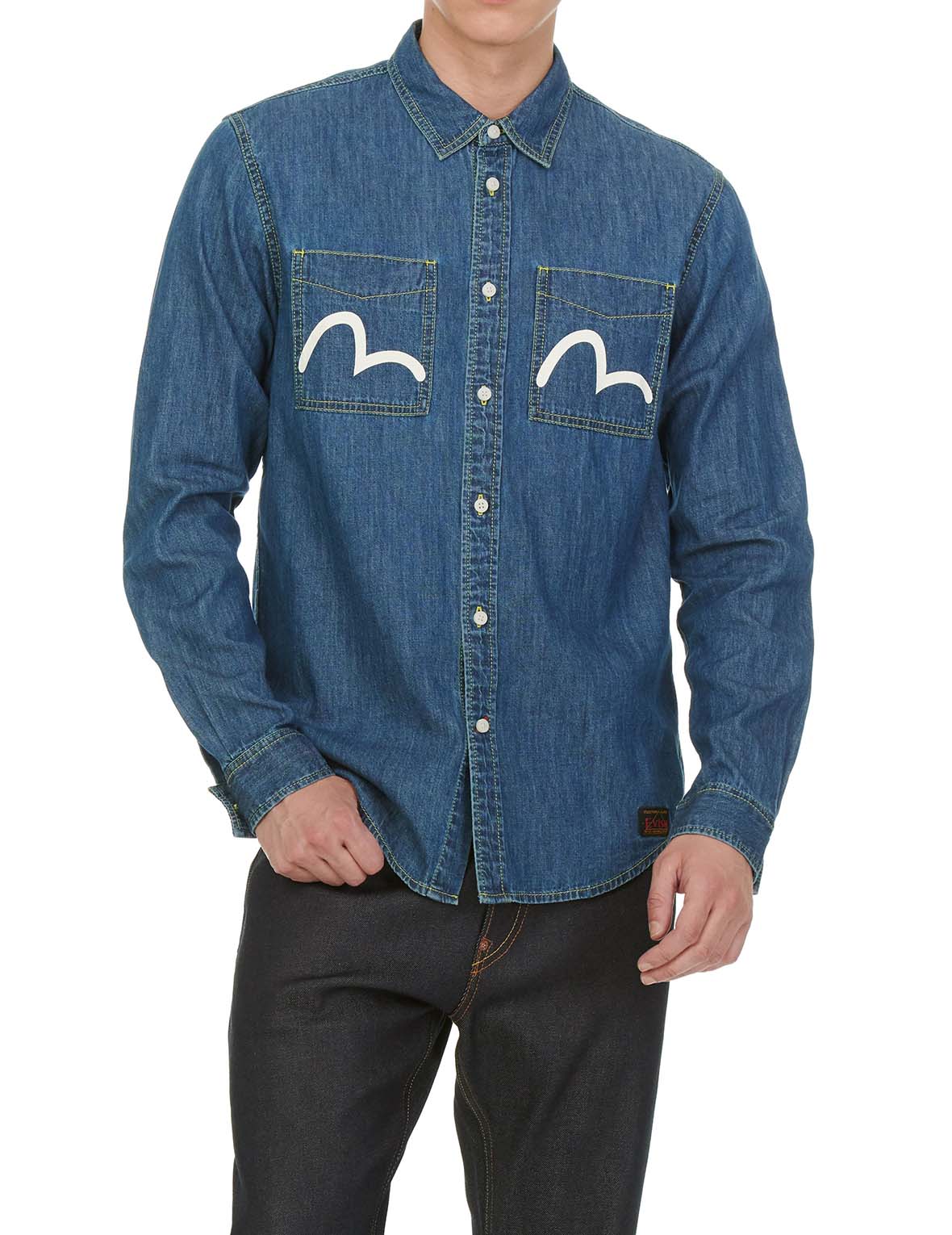 Denim Shirt with Daicock and Seagull Print