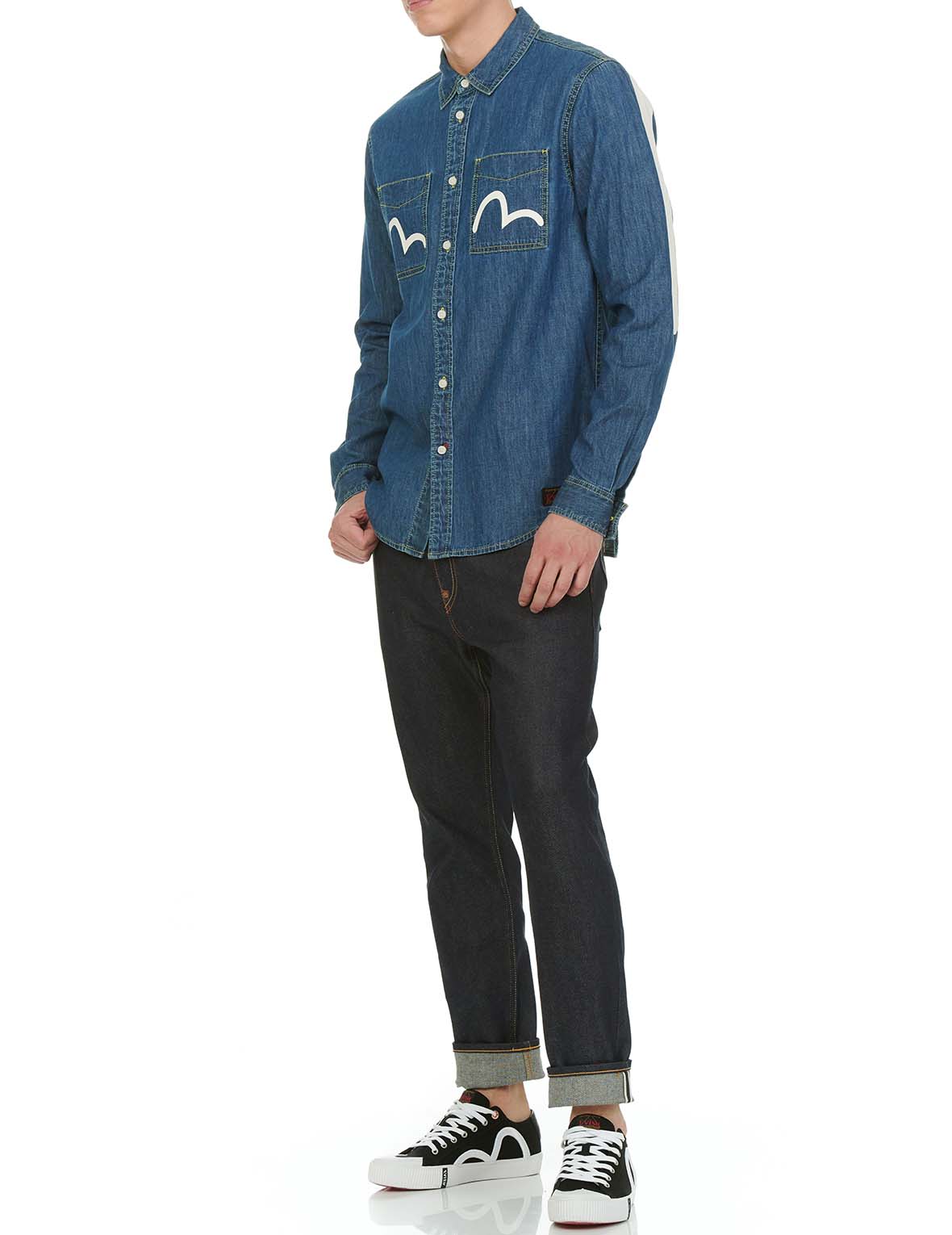 Denim Shirt with Daicock and Seagull Print