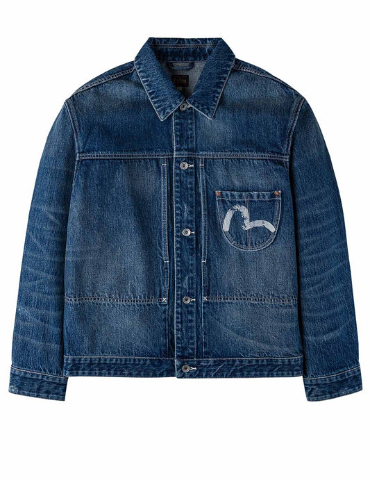 Distressed Seagull Print Relax Fit Vintage Washed Denim Jacket