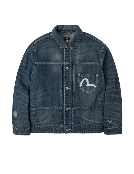 Distressed Seagull Print Relax Fit Washed Seagull Pocket Denim Jacket