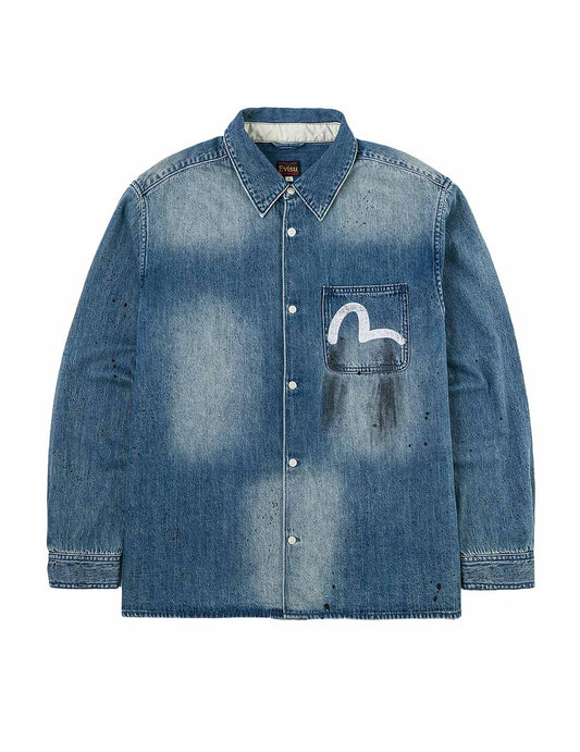 Splash Ink Seagull Print Regular Fit Denim Shirt