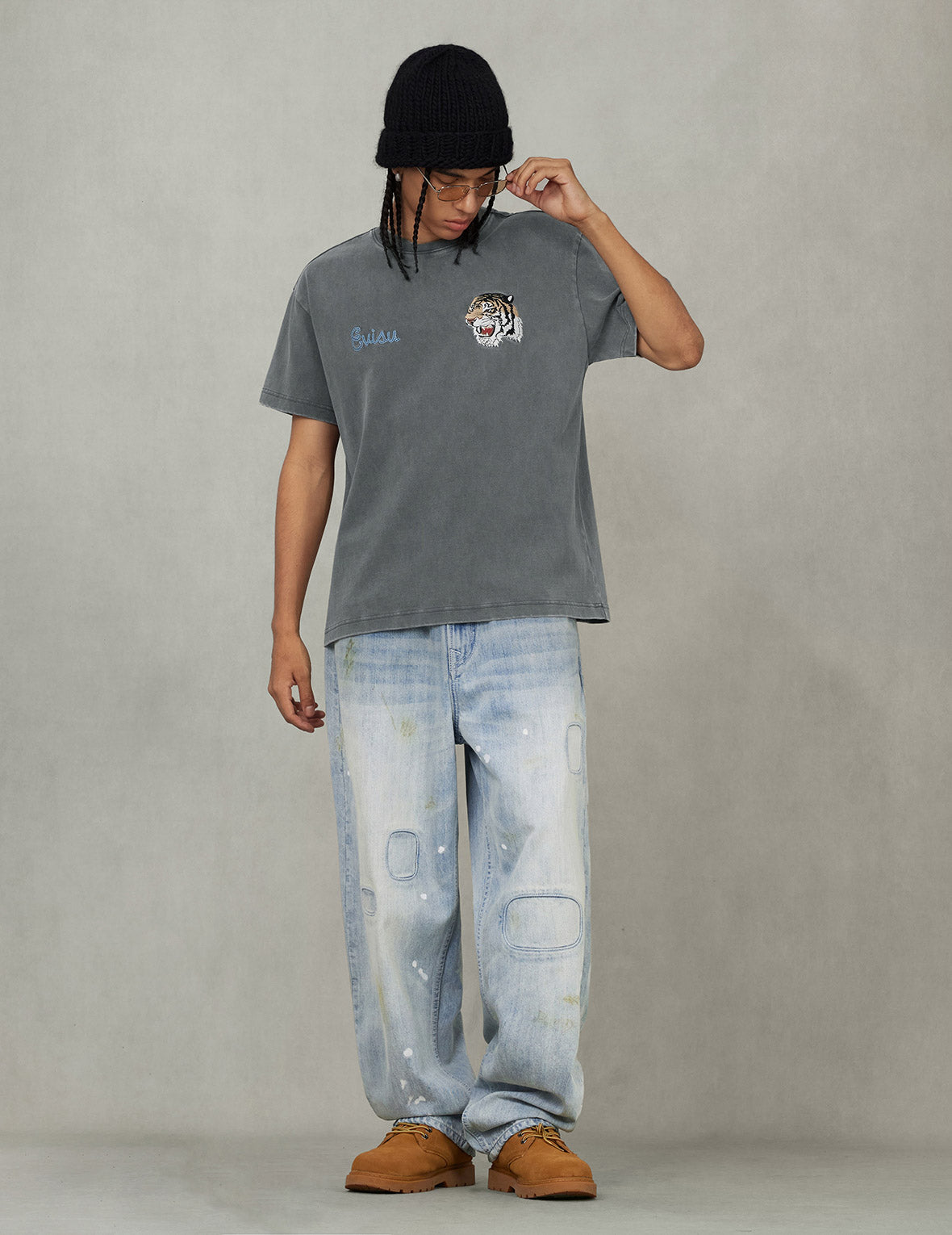 Washed Patchwork and Seagull Print Loose Fit Denim Jeans