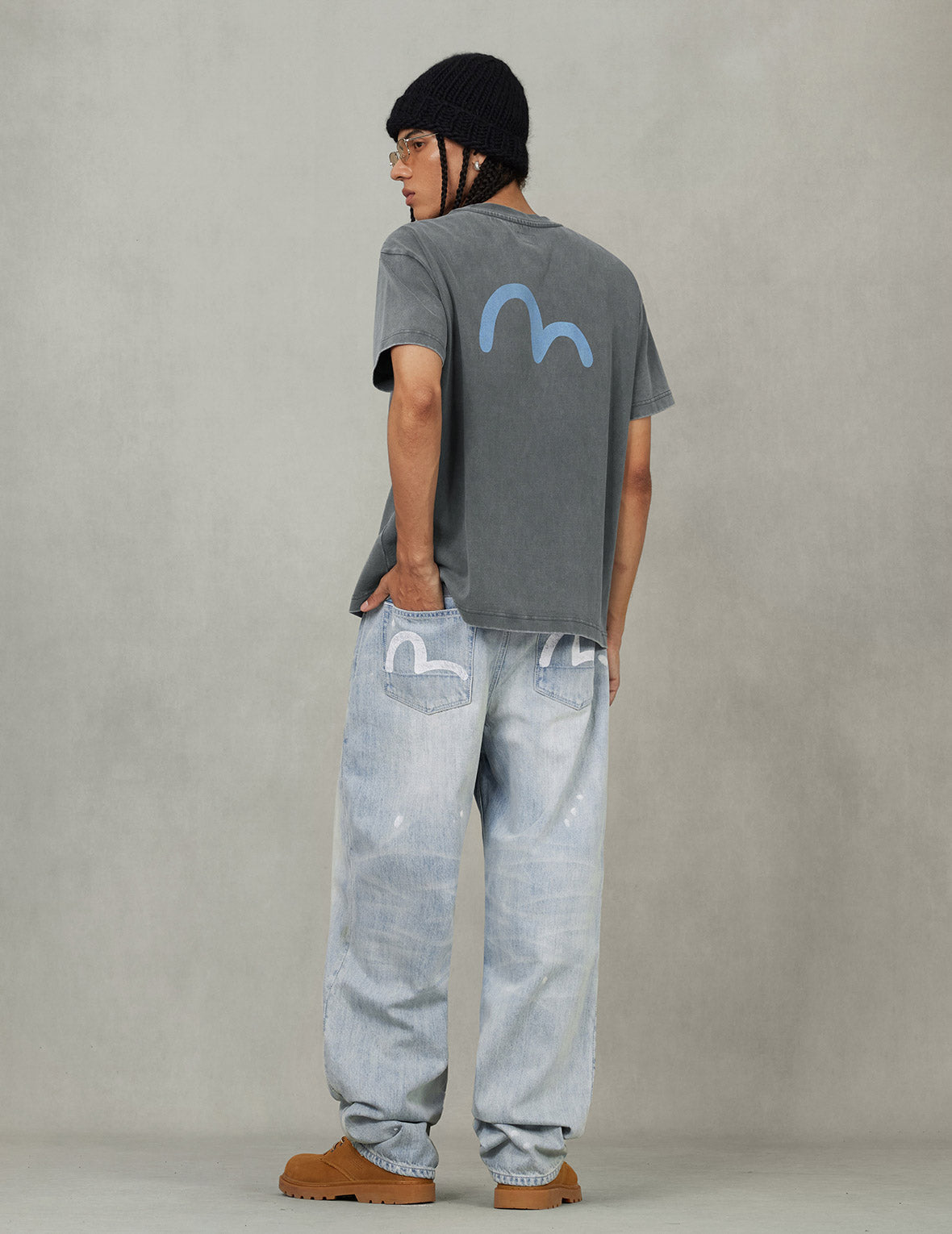 Washed Patchwork and Seagull Print Loose Fit Denim Jeans