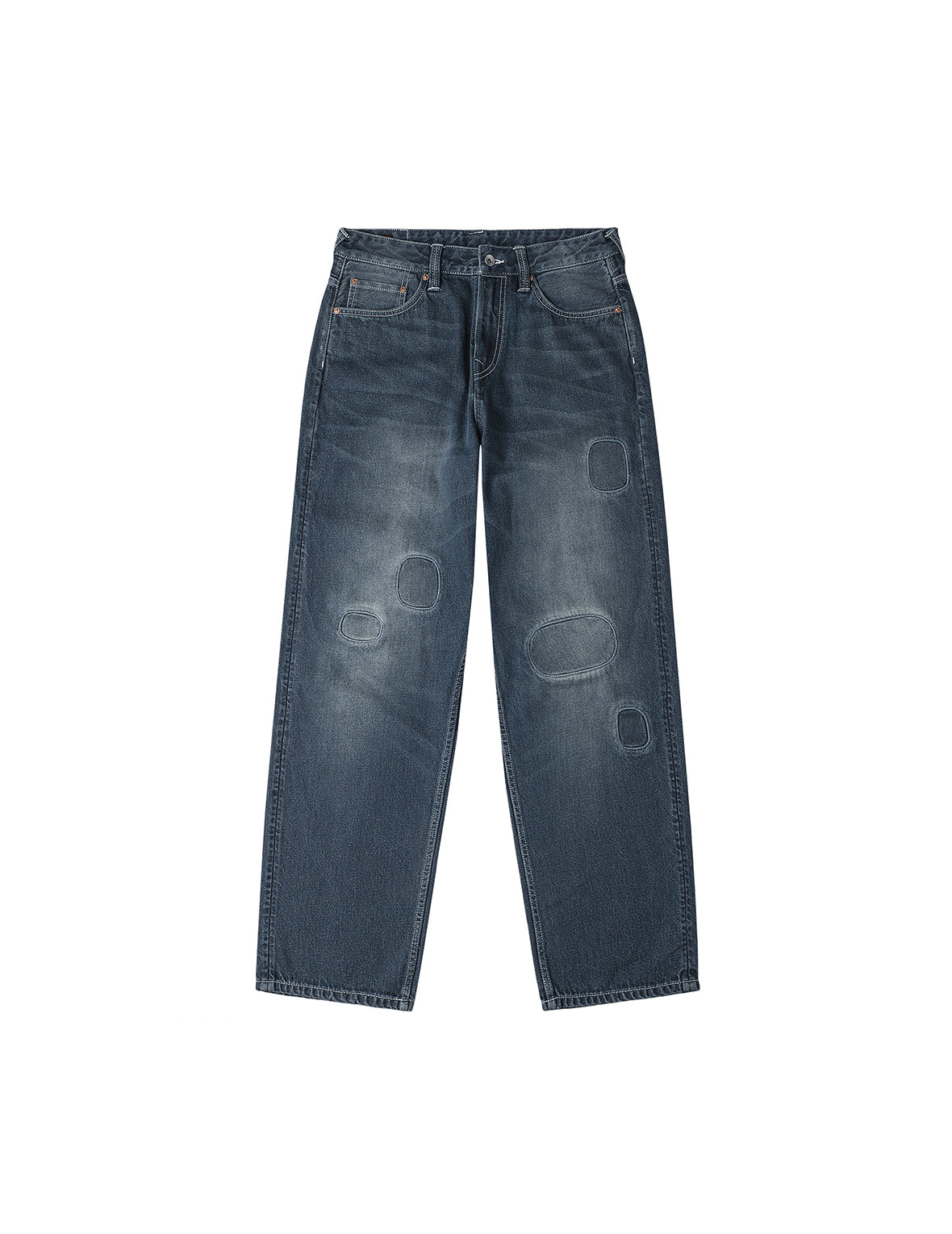 Distressed Seagull Print with Irregular Patches Loose Fit Denim Jeans