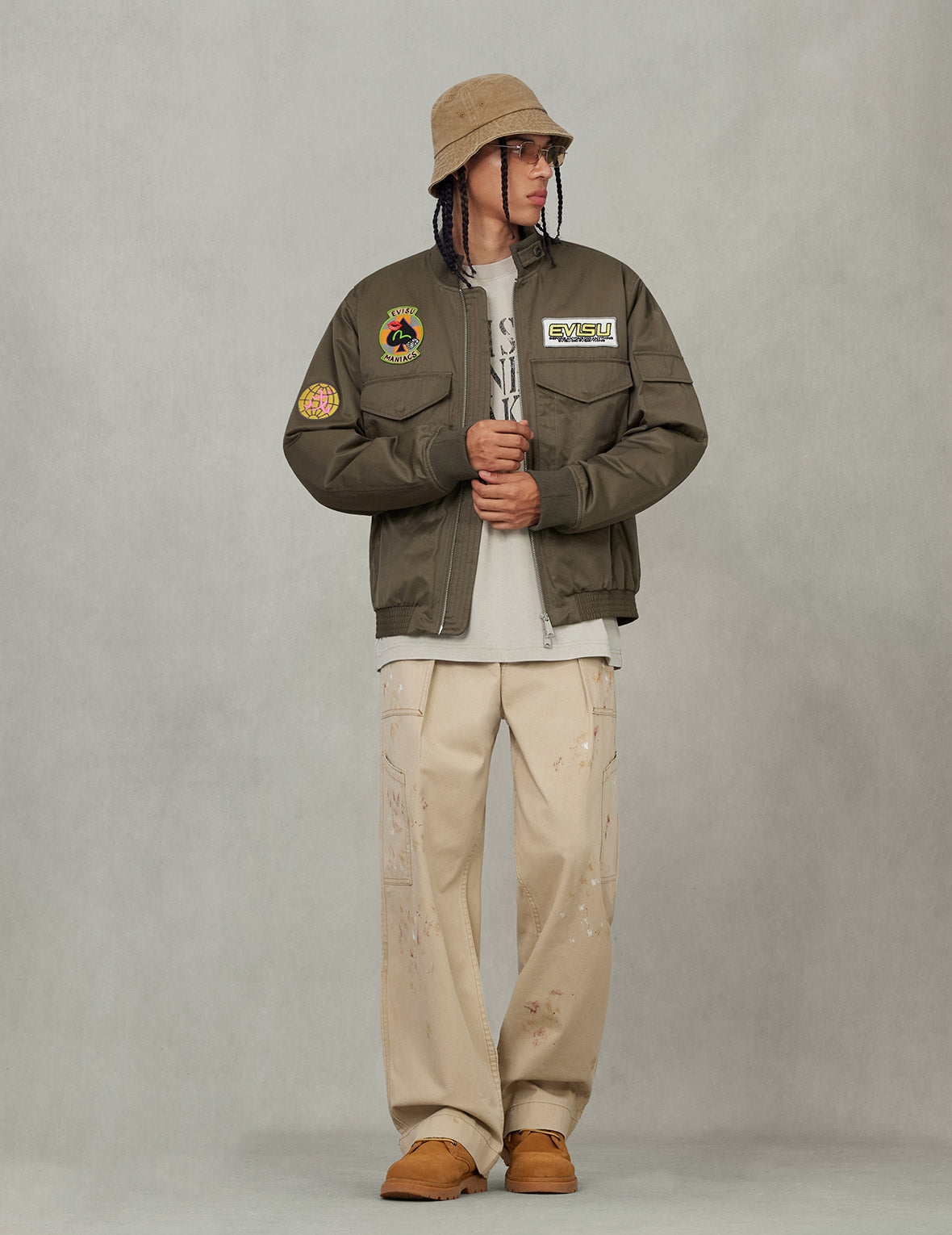 こ*じ様 EVISU ジャケット カーキ エルボーパッチ 38 エヴィス マディ Multi Logo Badges Embroidery Regular Fit Padded Bomber Jacket – EVISU