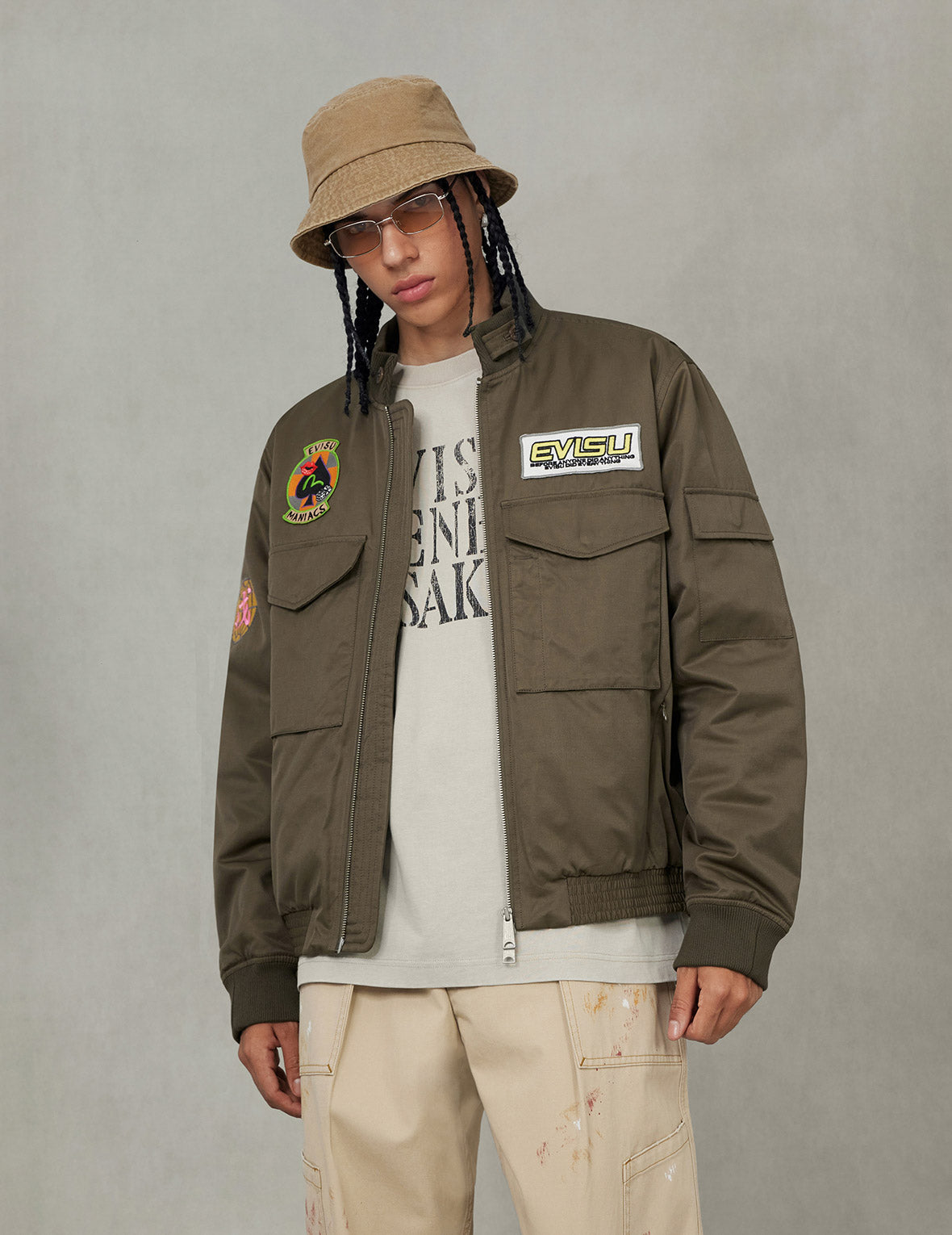 こ*じ様 EVISU ジャケット カーキ エルボーパッチ 38 エヴィス マディ Multi Logo Badges Embroidery Regular Fit Padded Bomber Jacket – EVISU