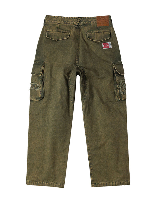 Distressed Seagull Appliqué Embroidery and Multi-Pocket Loose Fit Cargo Pants