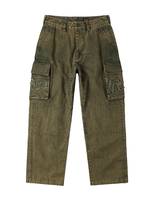 Distressed Seagull Appliqué Embroidery and Multi-Pocket Loose Fit Cargo Pants