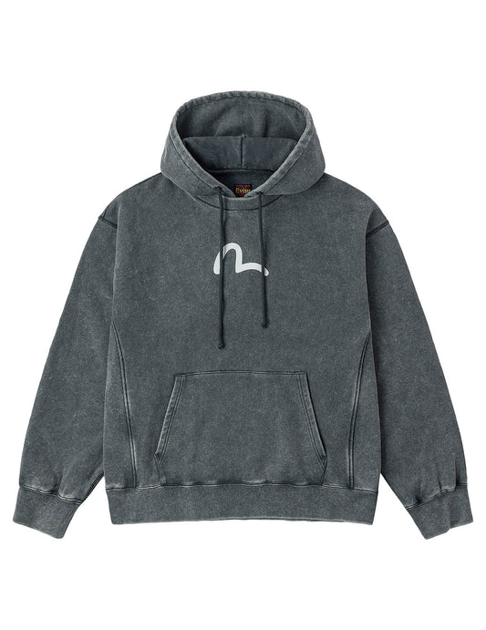 Washed Seagull and Logo Print Relax Fit Hoodie