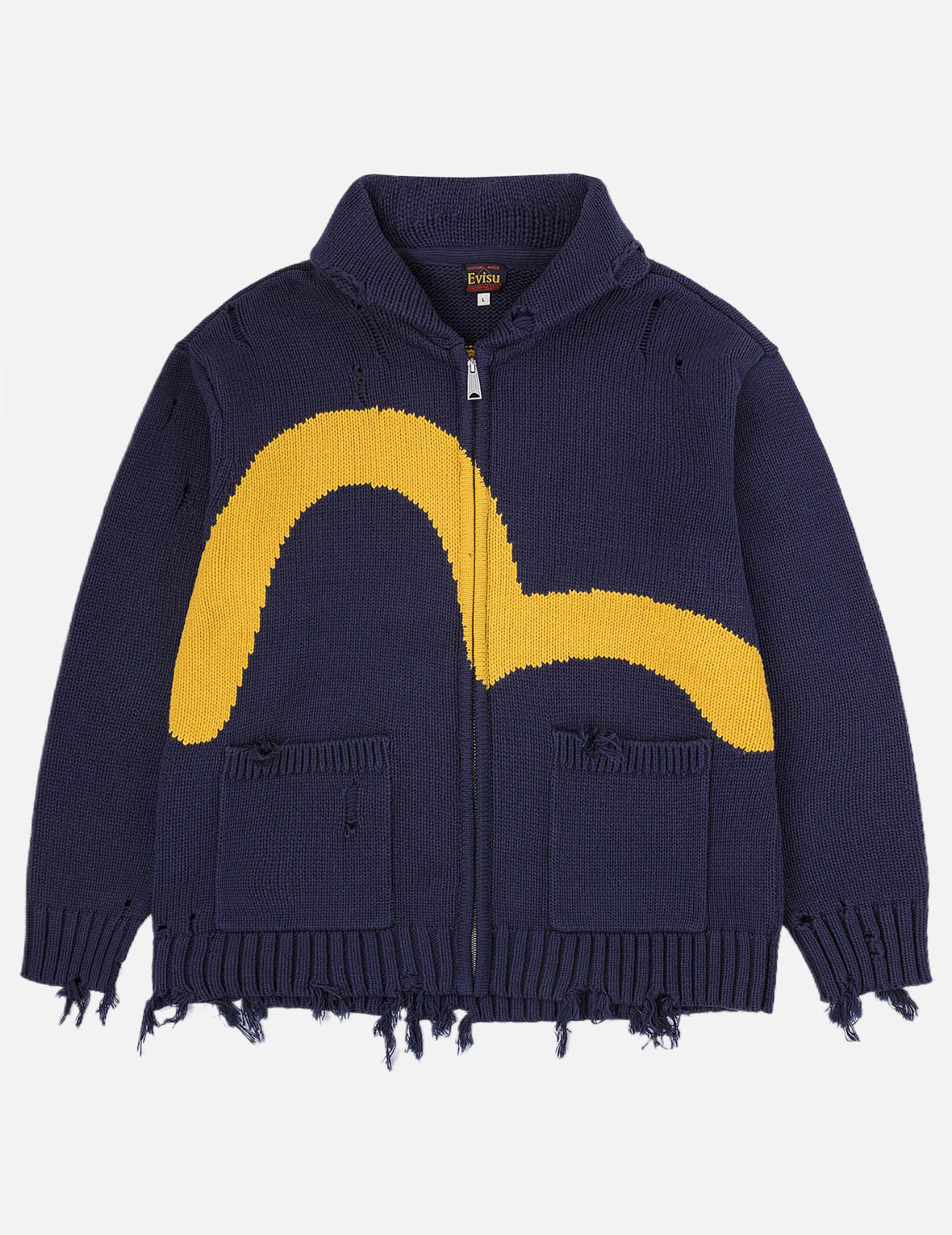 Seagull & Evisu Logo Distressed Cowichan Cardigan Jacket – EVISU