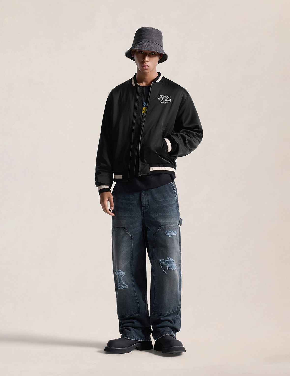 Light Padded Air Peace Satin Souvenir Jacket
