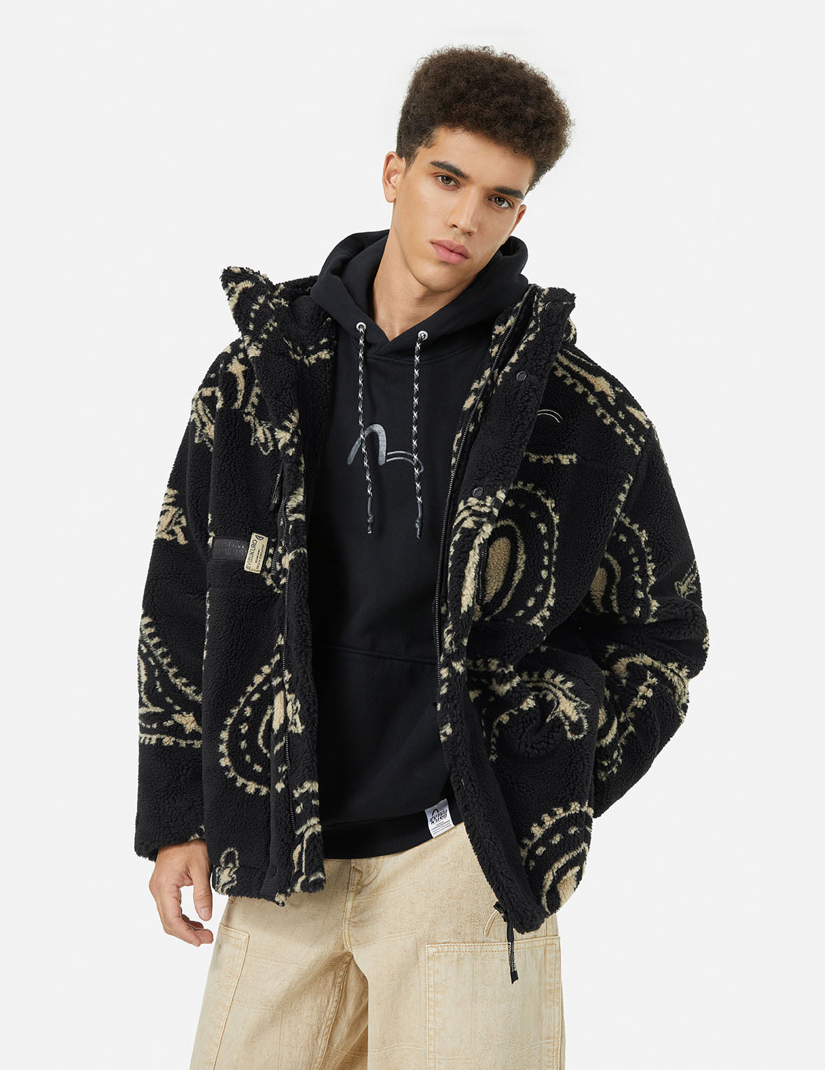 Allover Paisley Print Relax Fit Fleece Padded Hooded Jacket