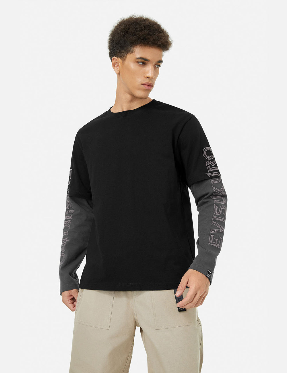 2-in-1 3D Logo Embroidery Loose Fit Long Sleeve T-shirt – EVISU