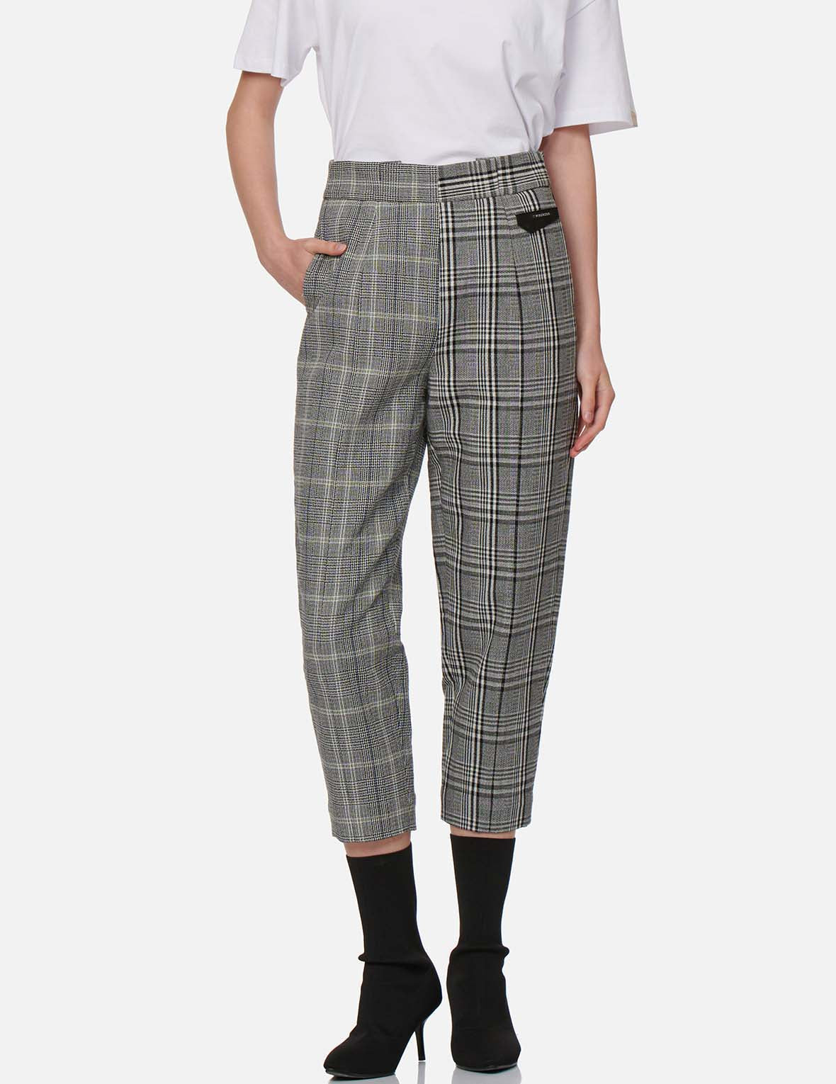 Leather Badge Mixed Plaid Pants