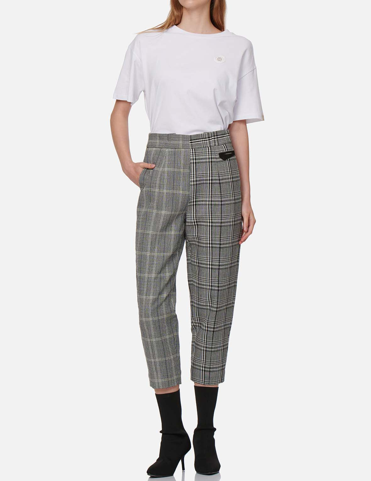 Leather Badge Mixed Plaid Pants