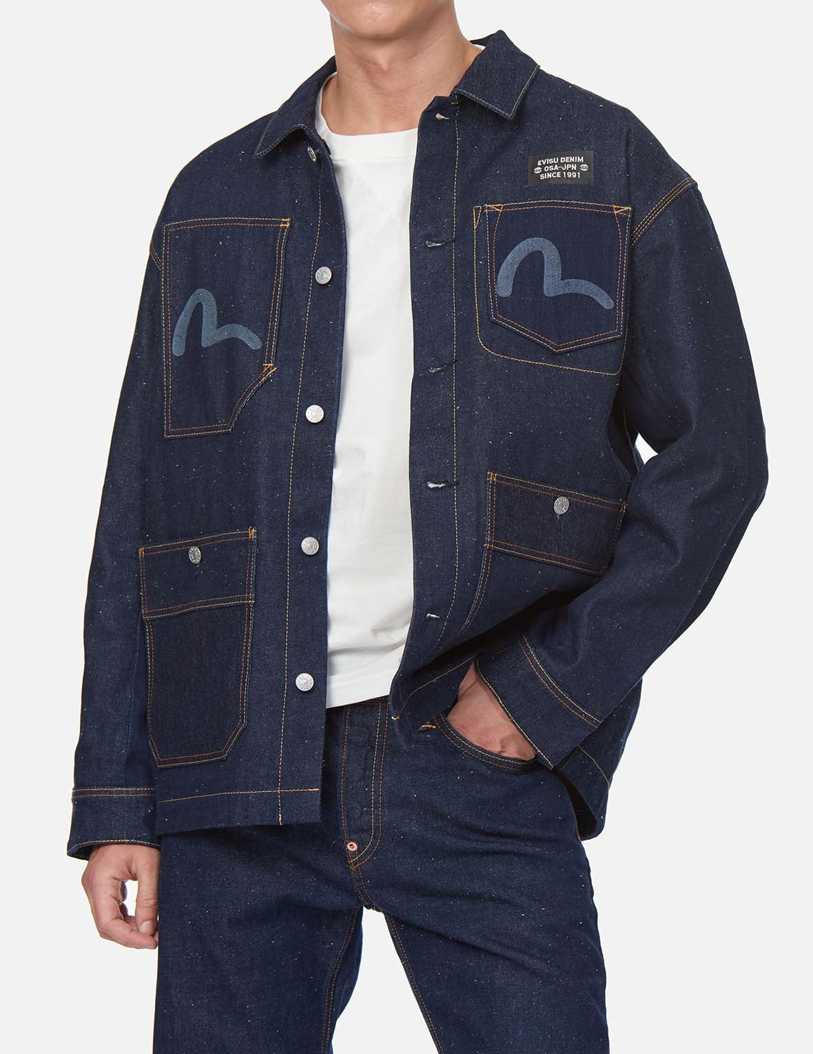 Fabric Blocking Reversible Denim Chore Jacket