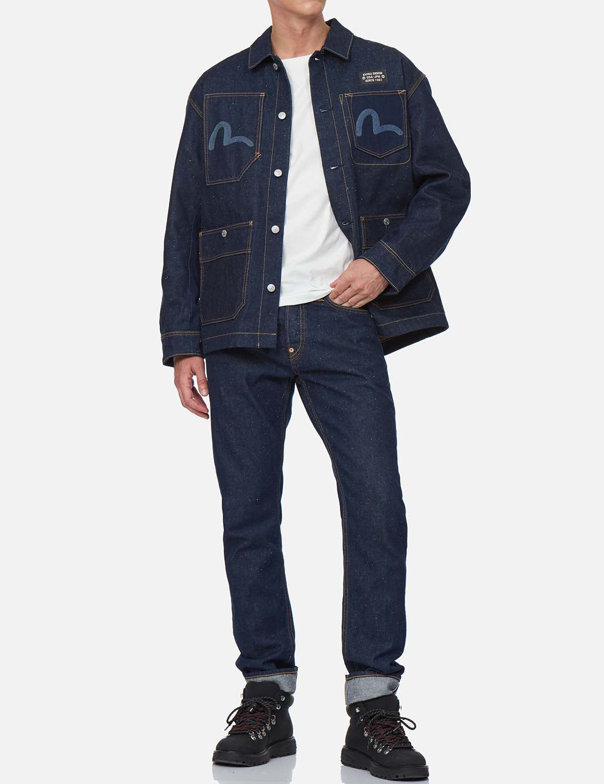 Fabric Blocking Reversible Denim Chore Jacket