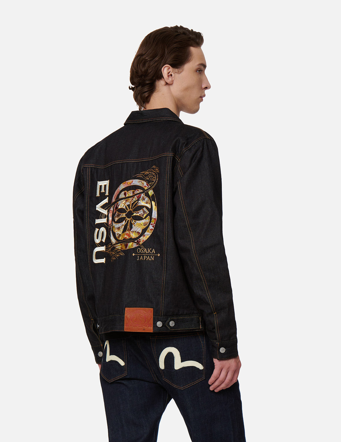Koi-pattern Kamon and Logo Embroidery Denim Jacket