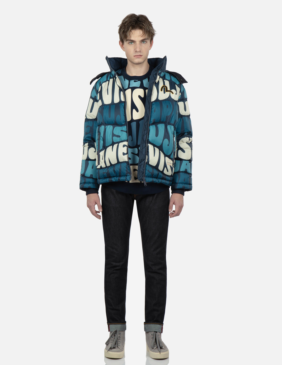 Allover Wavy Text Print Down Jacket – EVISU