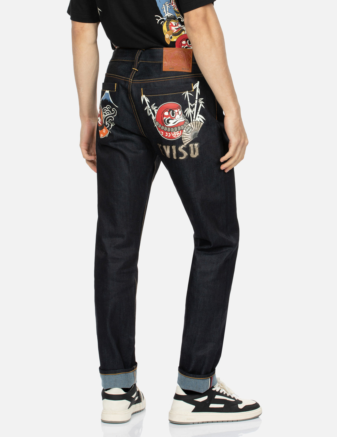 Kumadori Daruma Print Carrot Fit Denim Jeans #2017 – EVISU