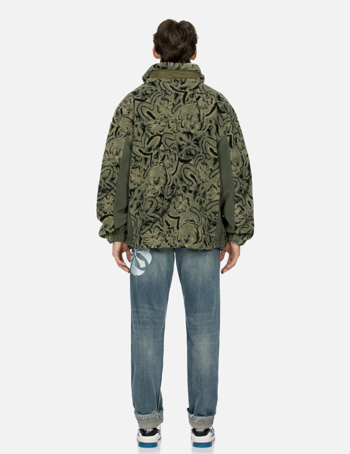 Allover Seagull and Kamon Jacquard Loose Fit Sherpa Jacket