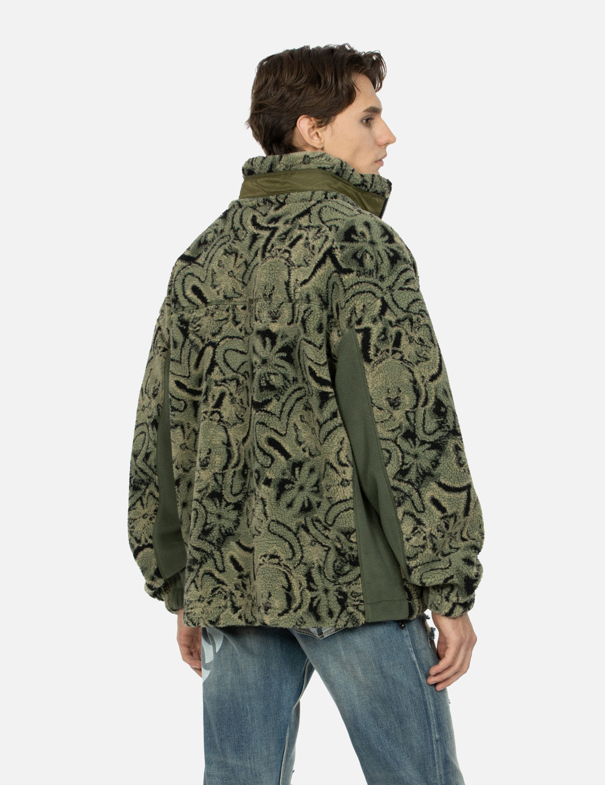 Allover Seagull and Kamon Jacquard Loose Fit Sherpa Jacket