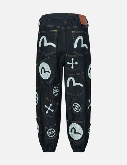 Multi Pocket with Rhinestone Loose Fit Denim Joggers – EVISU