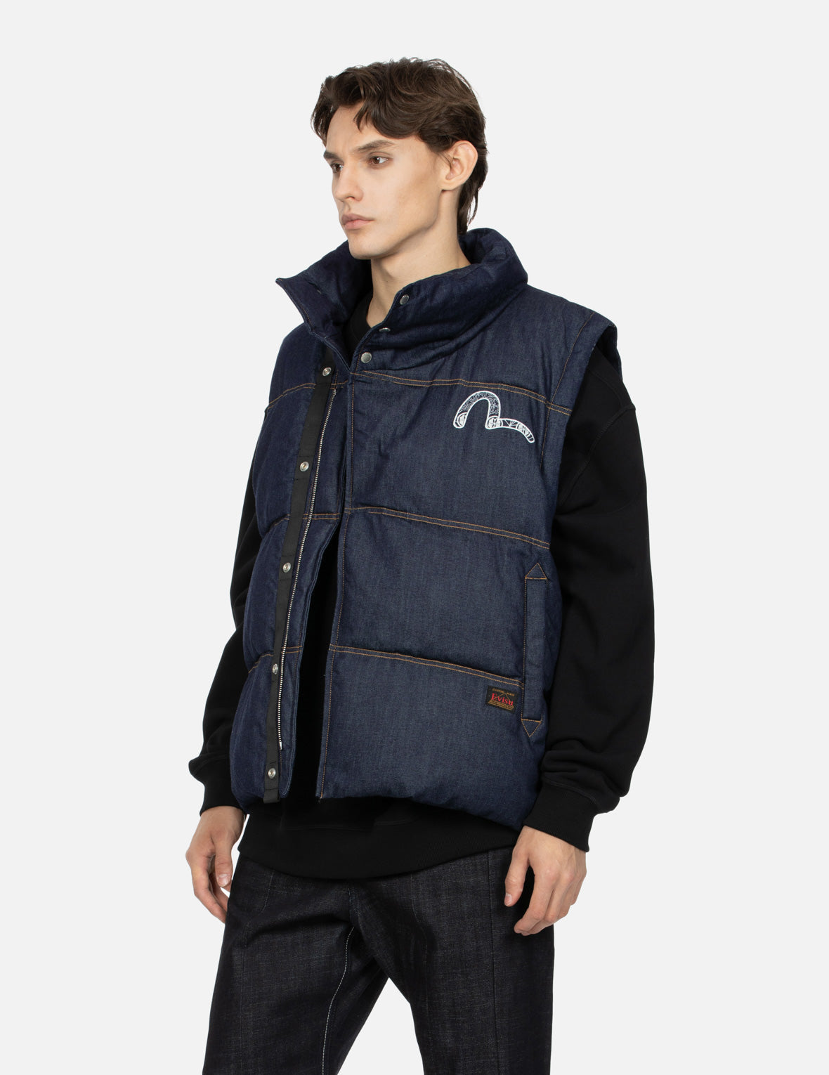 Seagull Appliqué Loose Fit Denim Down Vest – EVISU