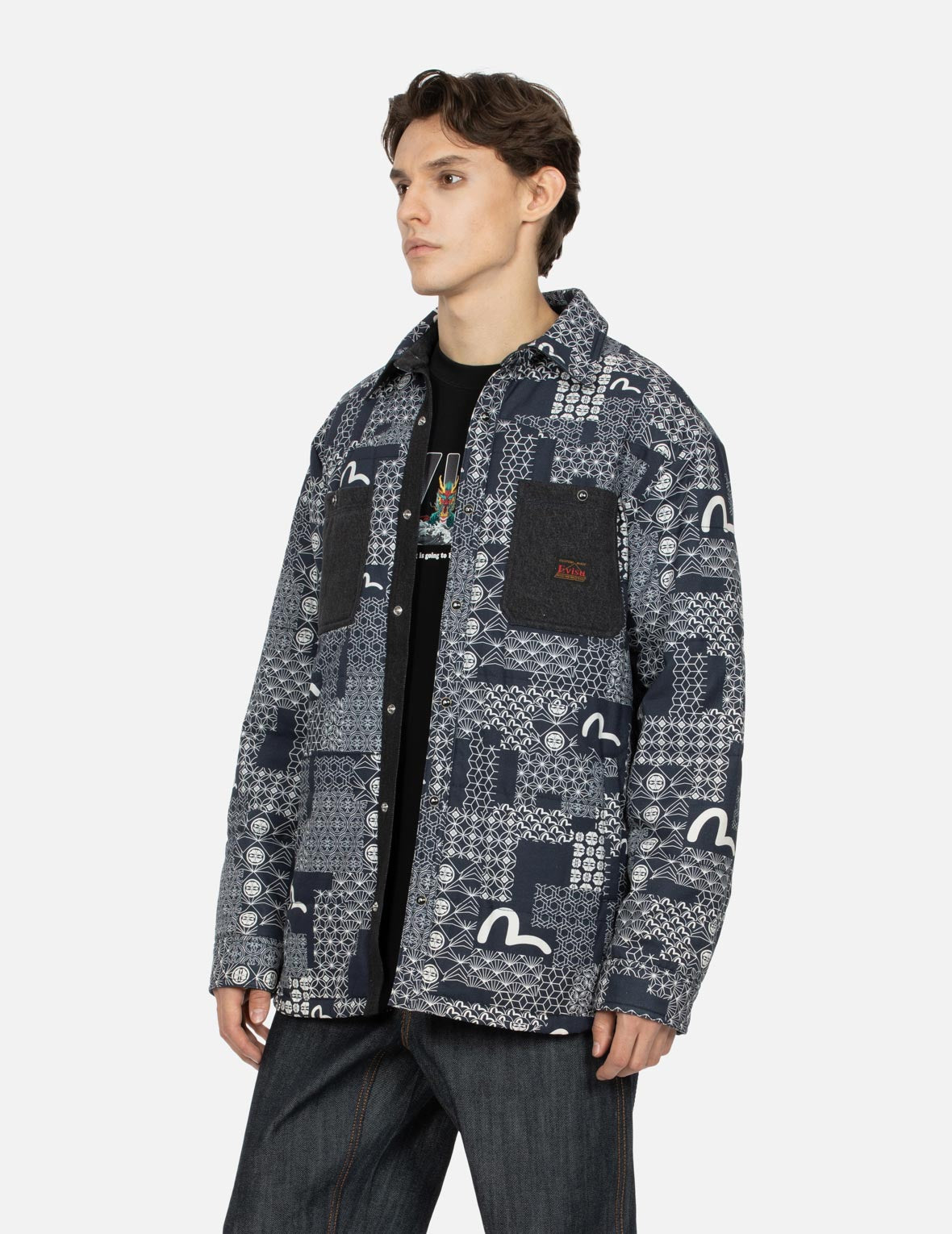 Allover Seagull and Kamon Print Loose Fit Padded Shirt