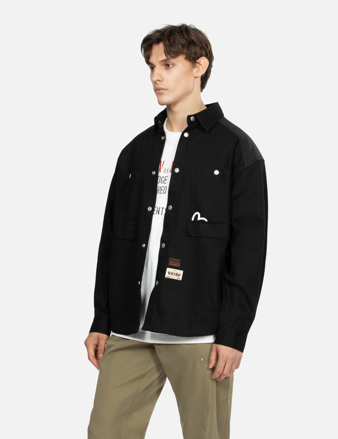Seagull and Slogan Print Loose Fit Work Shirt Jacket – EVISU