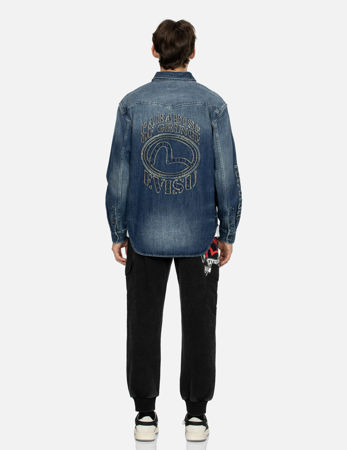 Grunge Style Logo and Seagull Appliqué Relax Fit Denim Shirt