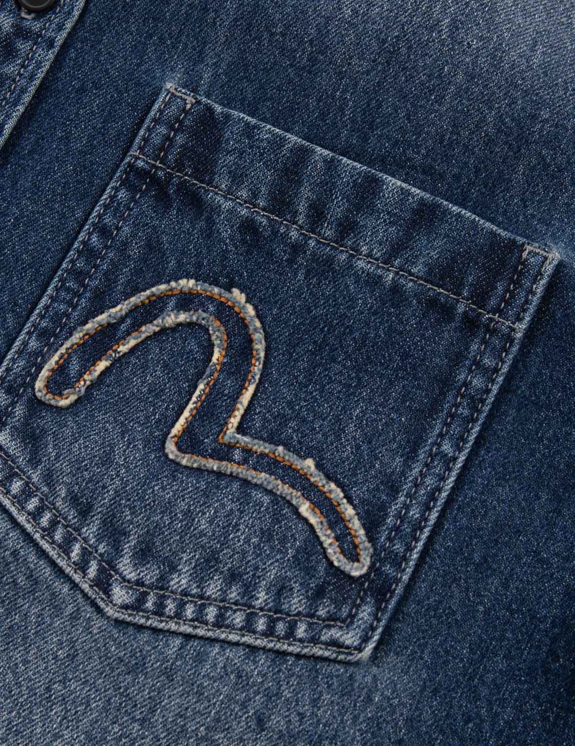 Grunge Style Logo and Seagull Appliqué Relax Fit Denim Shirt