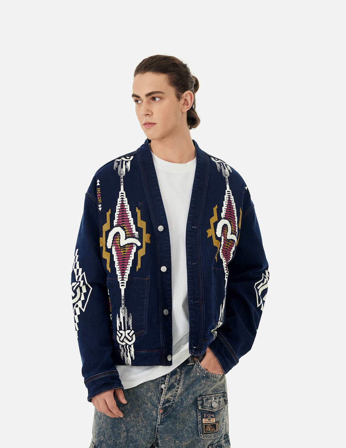 Chimayo Tapestry and Seagull Print Reversible Boxy Denim Jacket