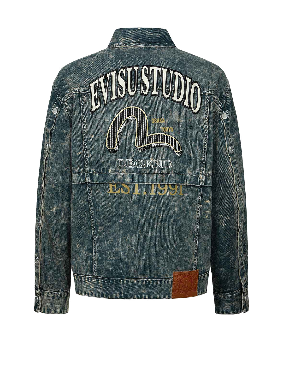 Multi-Print and Embroidery Acid-Wash Fashion Fit Denim Jacket