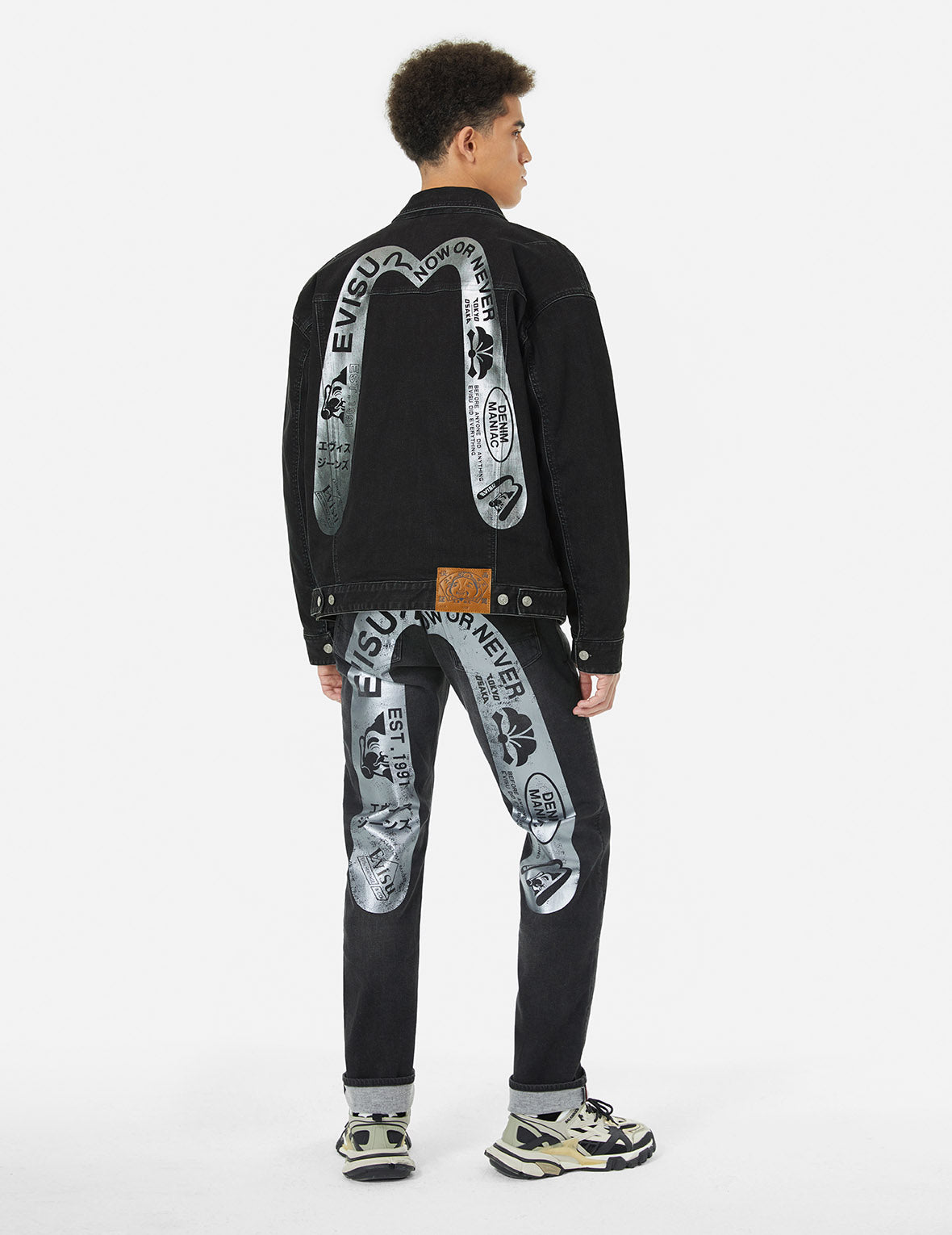 Graffiti-Style Daicock Print Loose Fit Denim Jacket