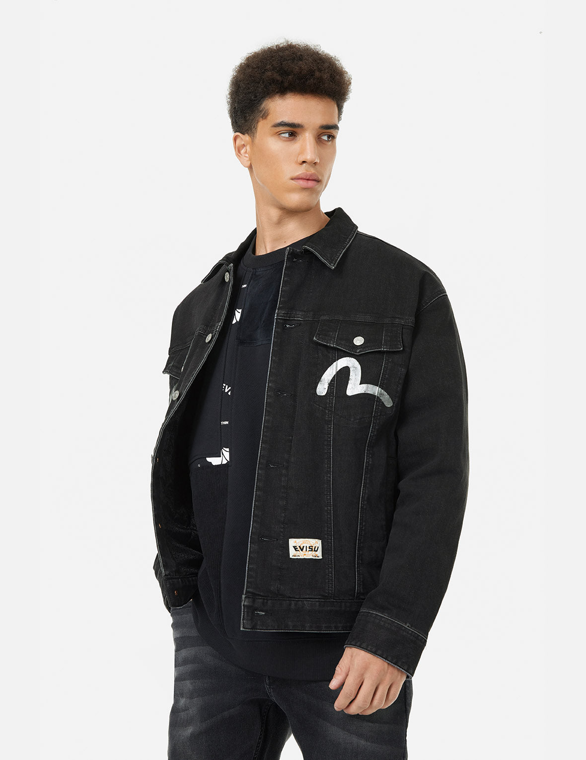 Graffiti-Style Daicock Print Loose Fit Denim Jacket