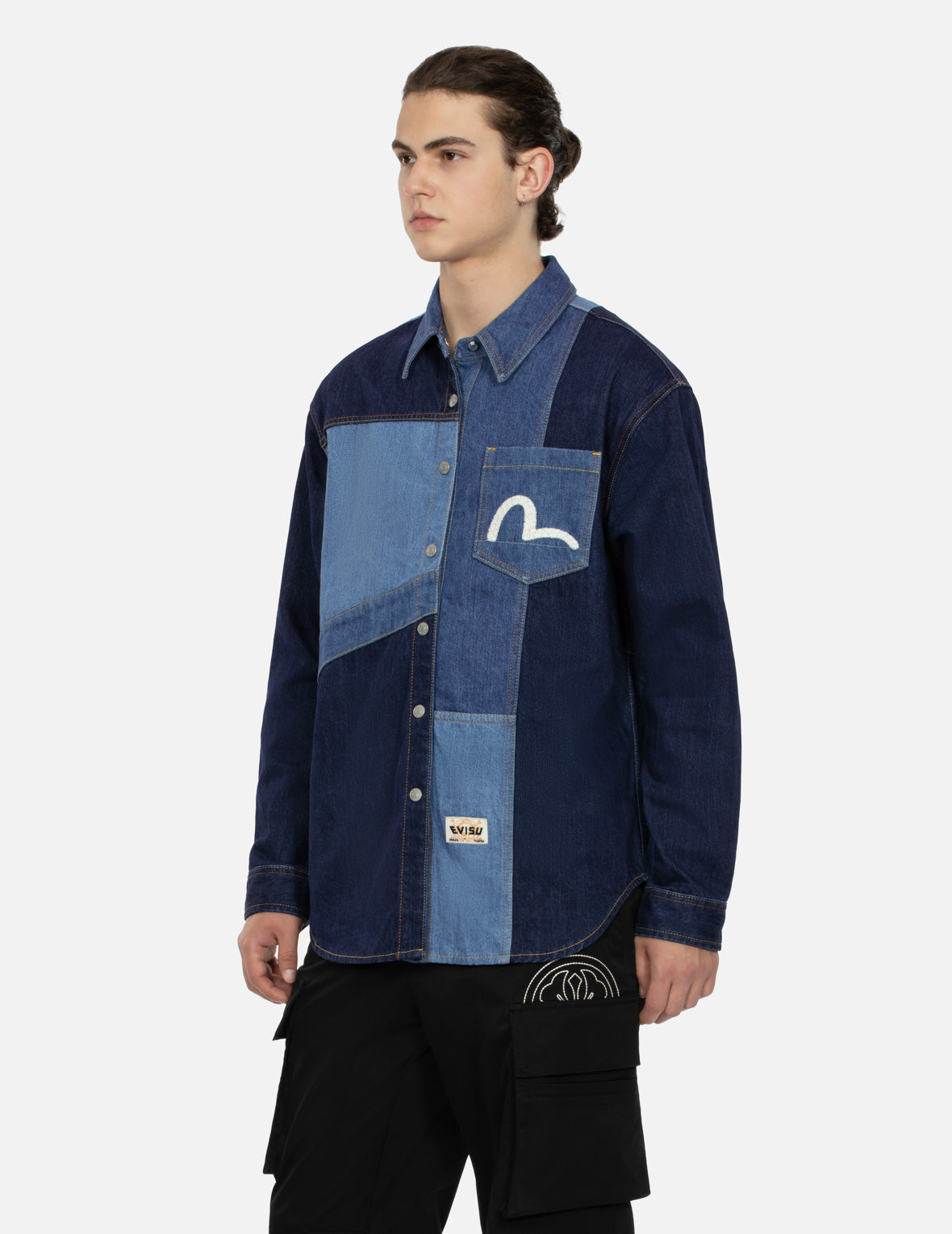 Patchwork with Seagull Embroidery Relax Fit Denim Shirt – EVISU
