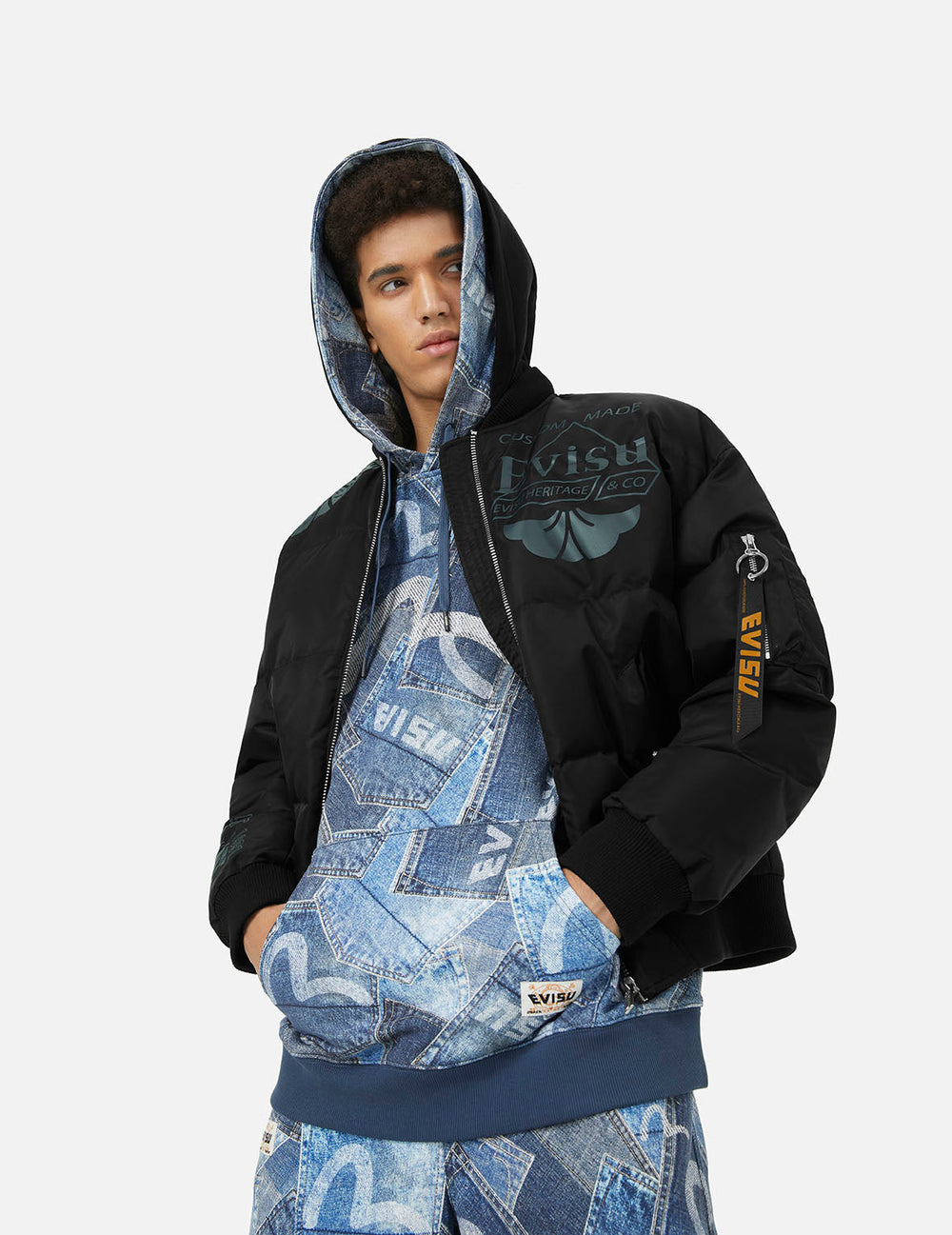 Logo and Kamon Print Loose Fit Bomber Down Jacket – EVISU