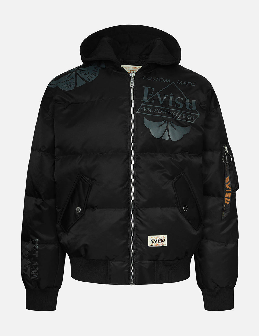 Logo and Kamon Print Loose Fit Bomber Down Jacket – EVISU