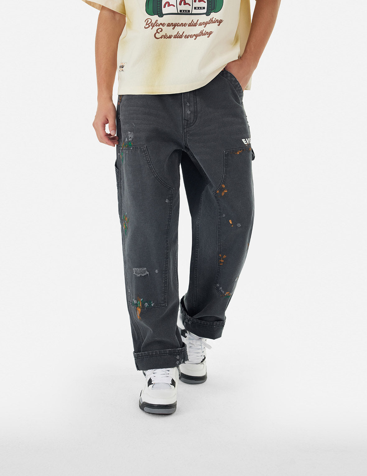 Seagull Embroidery and Logo Print Relax Fit Washed Pants – EVISU