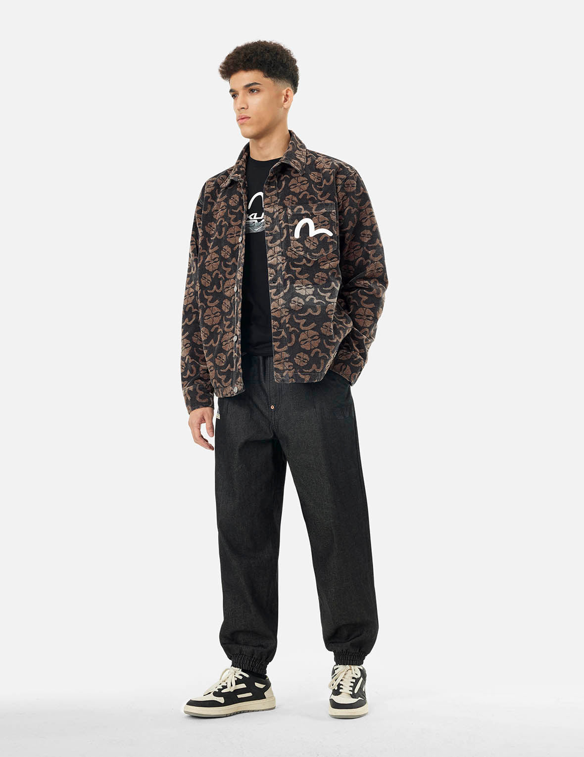 Allover Seagull and Kamon Jacquard Loose Fit Shirt Jacket